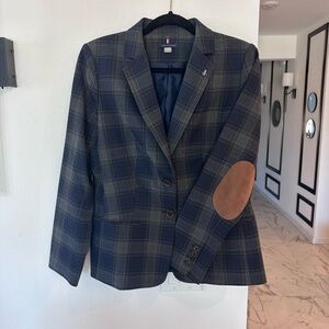 Tommy Hilfiger Navy Plaid Blazer with Brown Elbow Patches